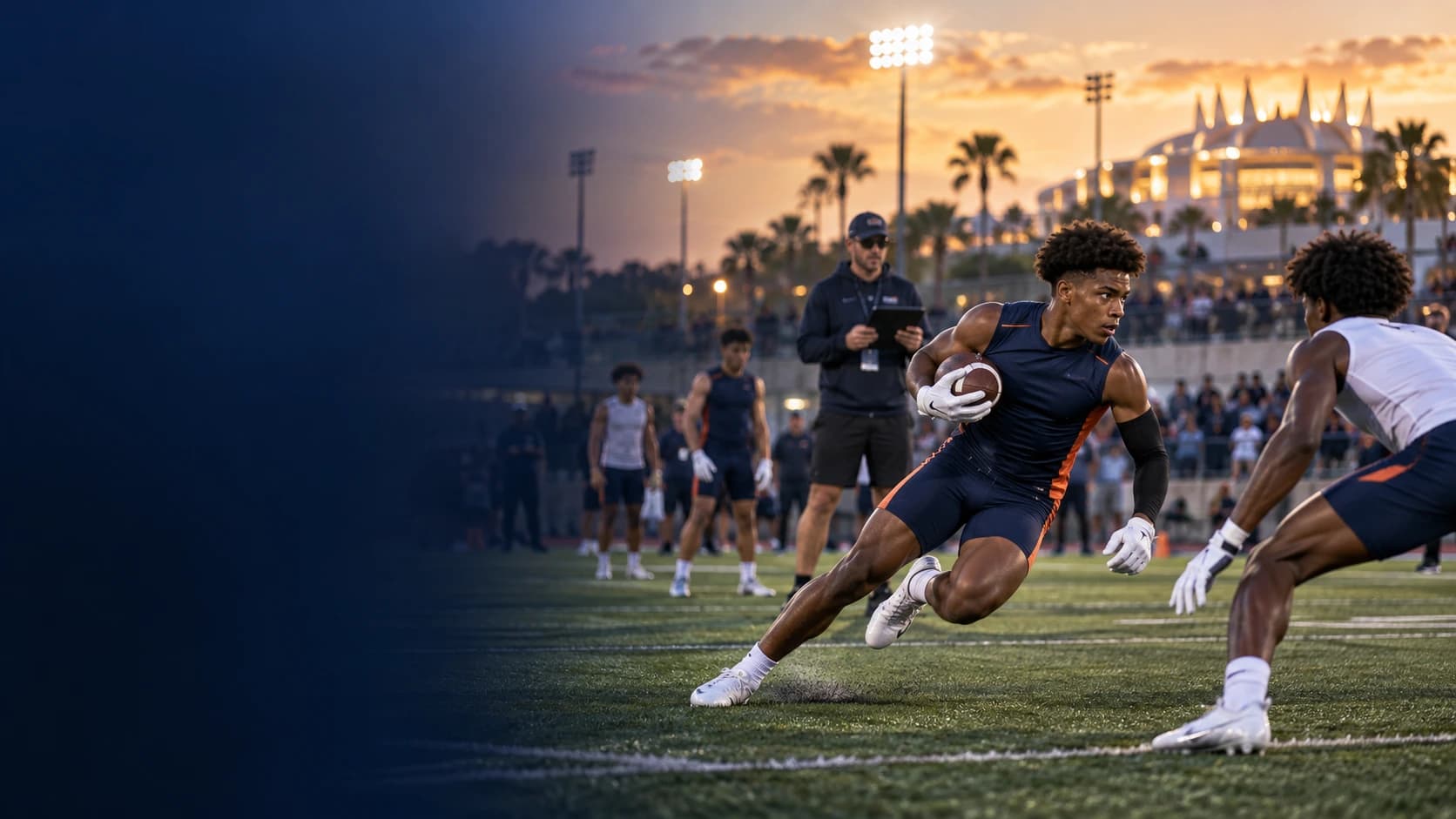DR7 football athletes competing on a field at sunset with a coach watching