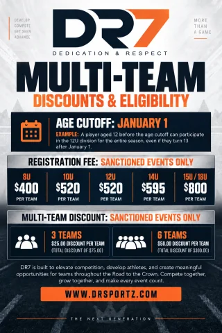 Preview of the DR7 team fees, multi-team discounts and eligibility infographic