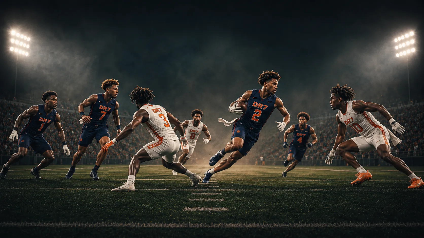 DR7 7v7 skill-position football action under stadium lights