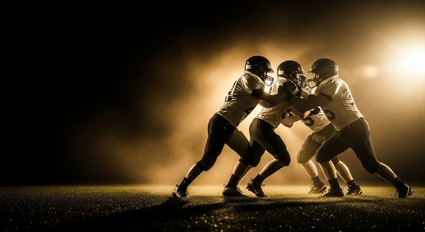 DRIVE7BIGZ linemen battling in the trenches under gold stadium lights