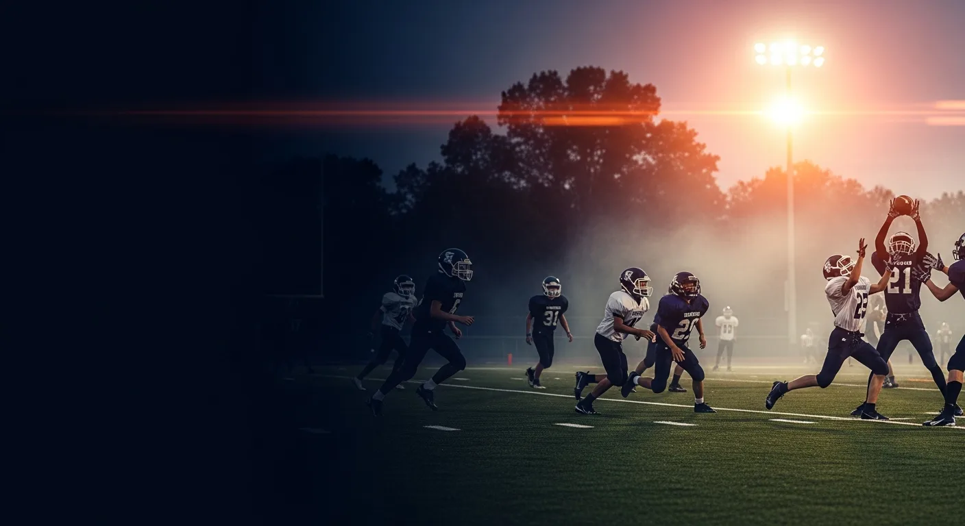 7v7 youth football tournament action under stadium lights