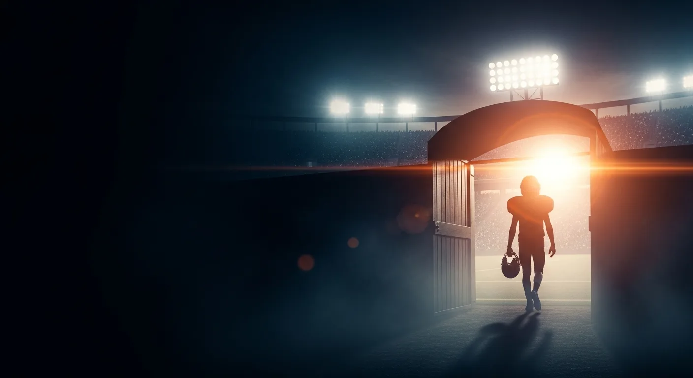 Youth football player walking out of the tunnel into stadium lights